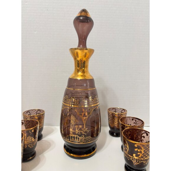Vintage Decanter Cordial Set with 6 Shot Glasses Amethyst Purple and Gold Gilt - Picture 2 of 10